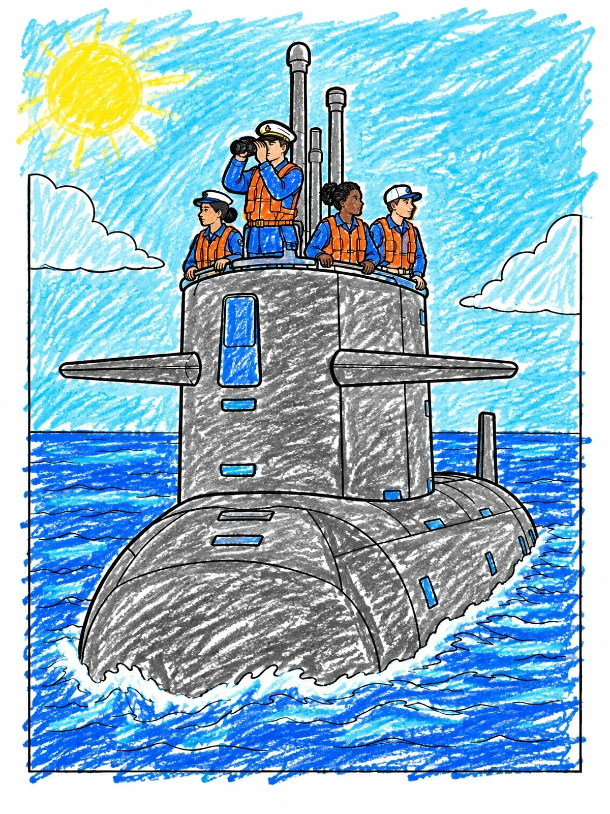 Colored example of the Submarine Crew On The Ocean coloring page