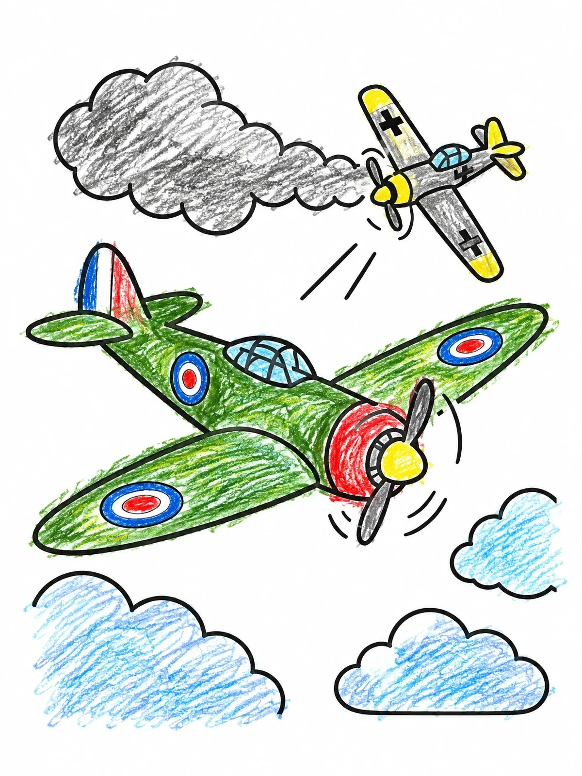 Colored example of the Vintage Airplanes In Dogfight coloring page