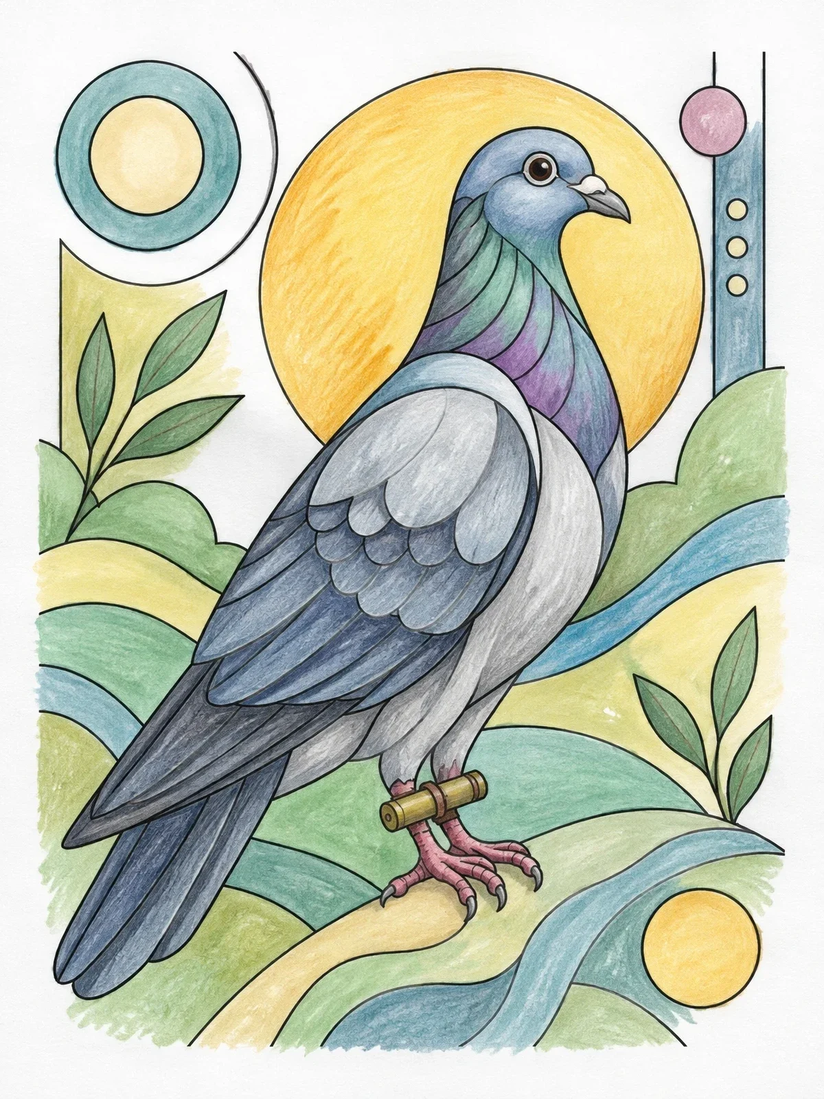 Colored example of the Perched Carrier Pigeon With Message Canister coloring page
