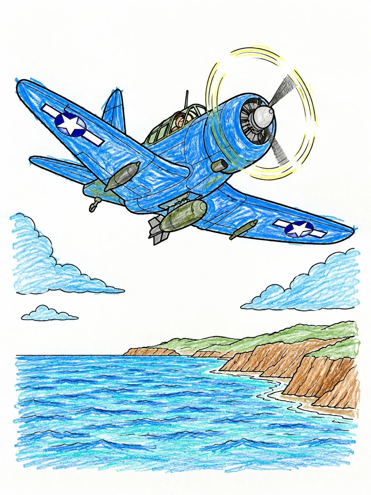 Colored example of the Vintage Dive Bomber Over Ocean Cliffs coloring page