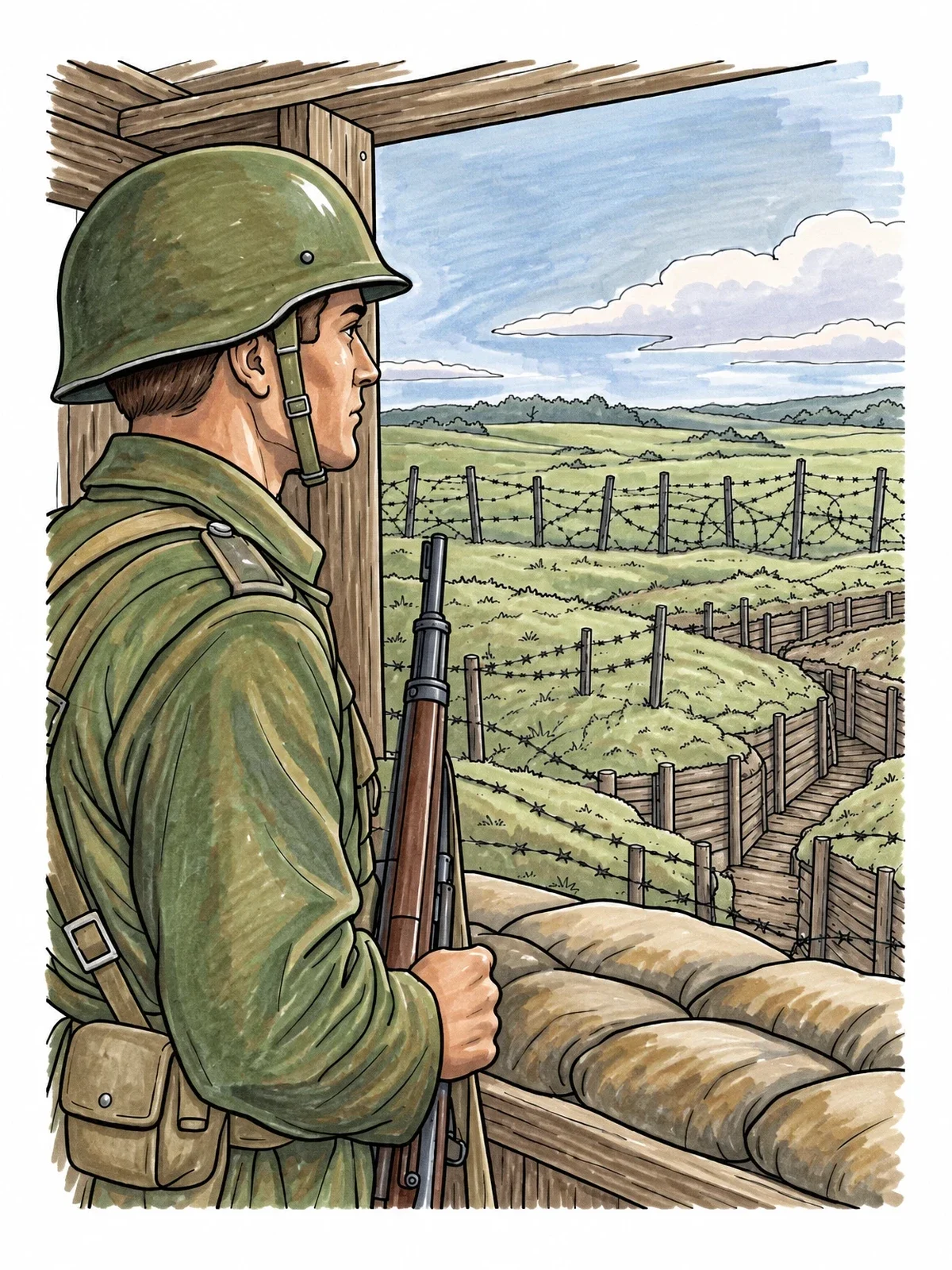 Colored example of the Soldier On Guard At Defensive Trenches coloring page