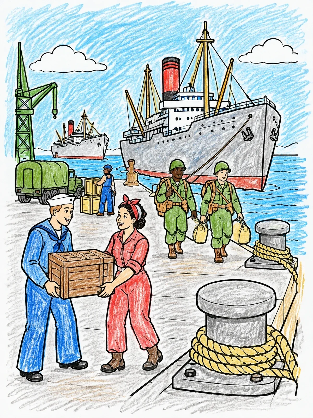 Colored example of the Busy Naval Harbor Dock Scene coloring page