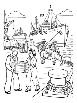 Free printable Busy Naval Harbor Dock Scene coloring page