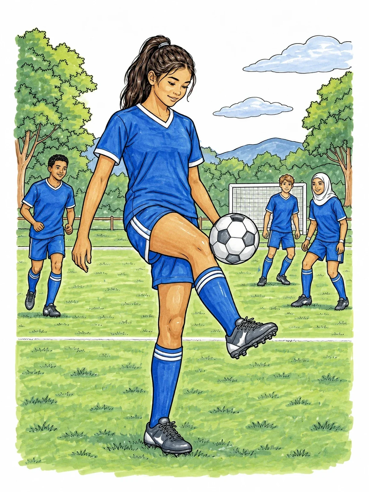 Colored example of the Youth Soccer Player Juggling Ball coloring page