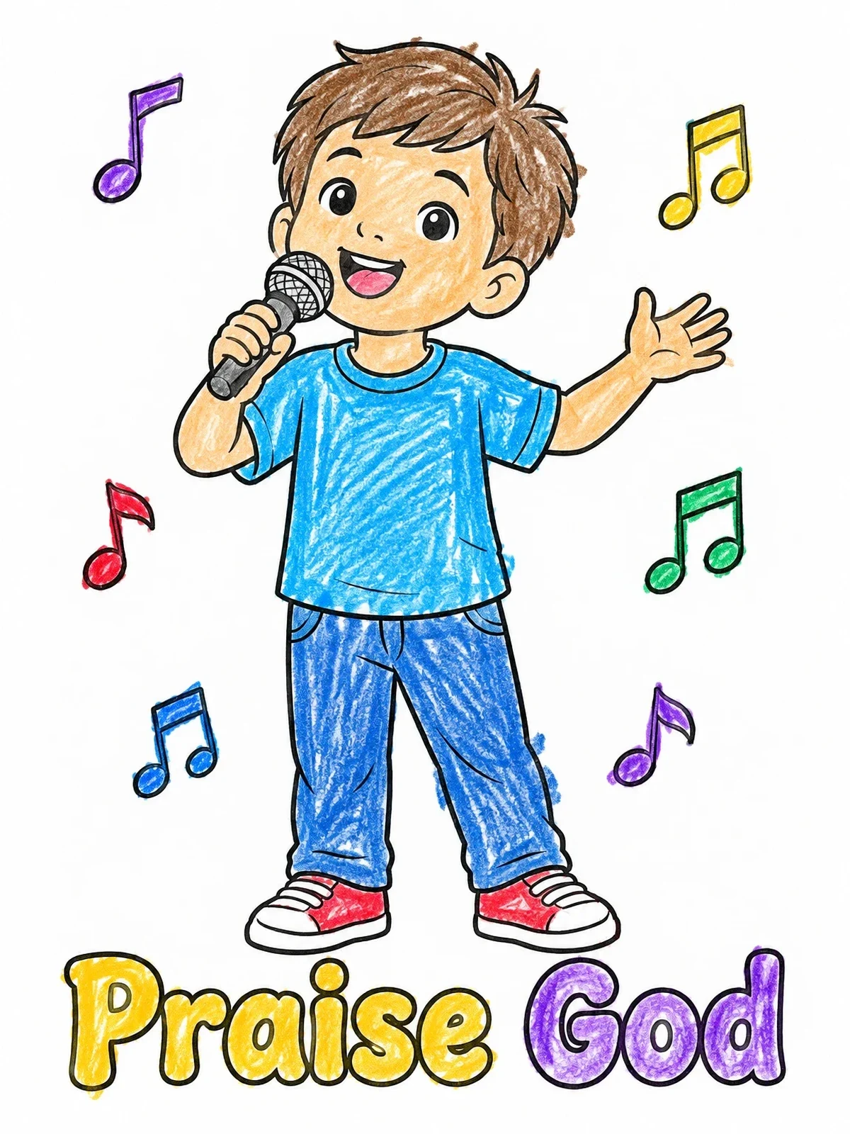 Colored example of the Boy Singing Praise God With Microphone coloring page