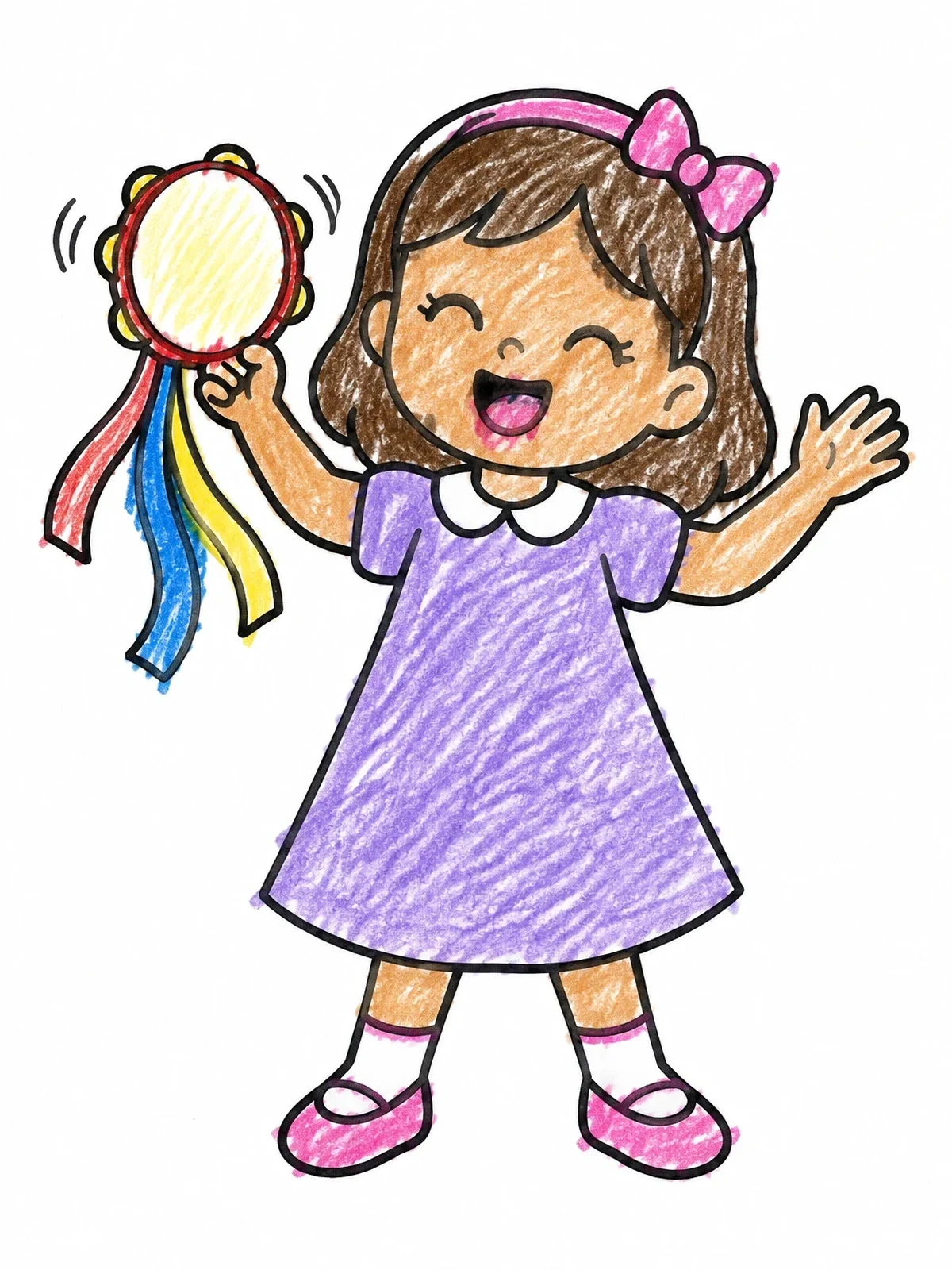 Colored example of the Cheerful Girl Playing A Tambourine coloring page