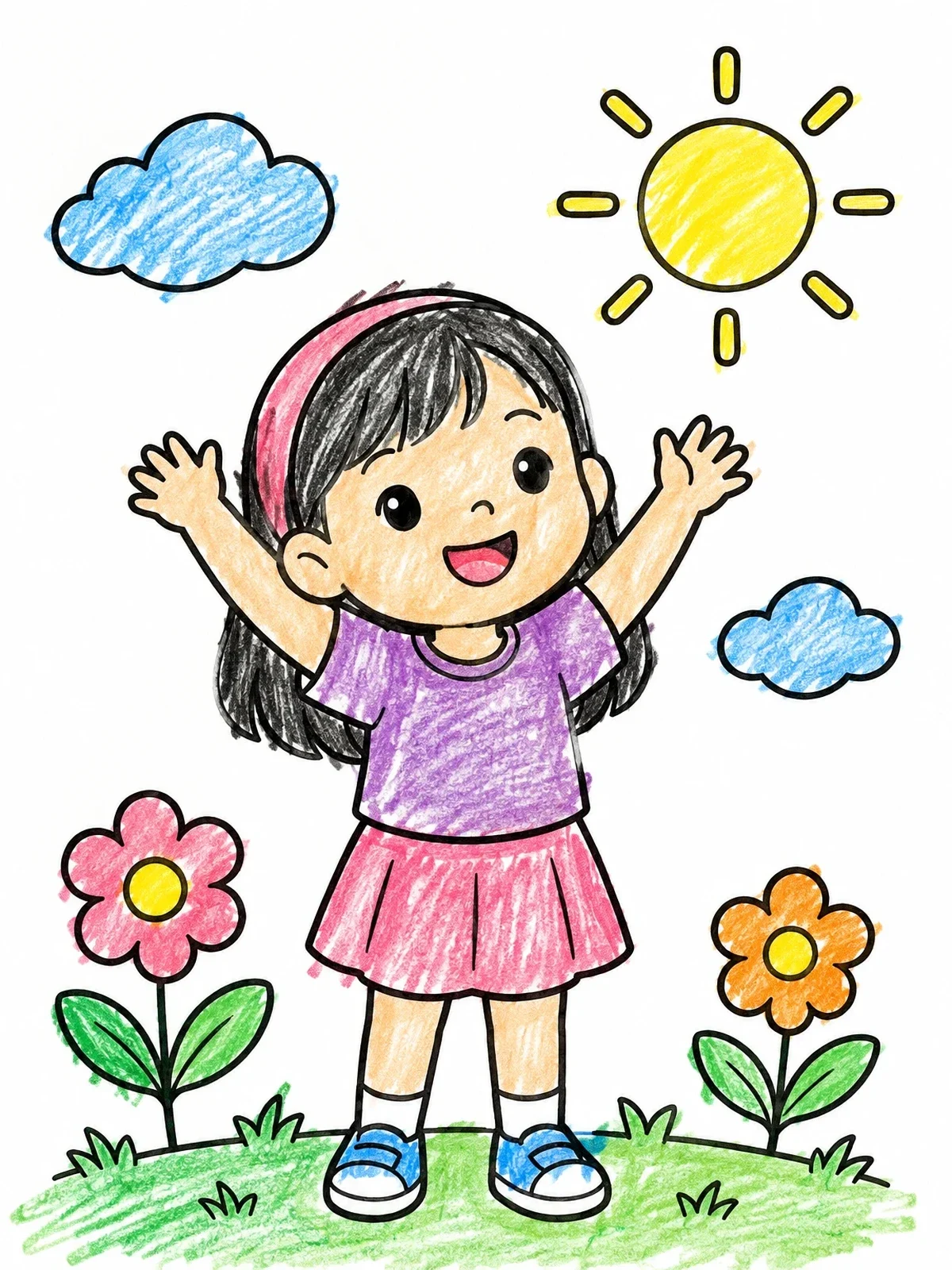 Colored example of the Cheerful Girl Praising In The Garden coloring page