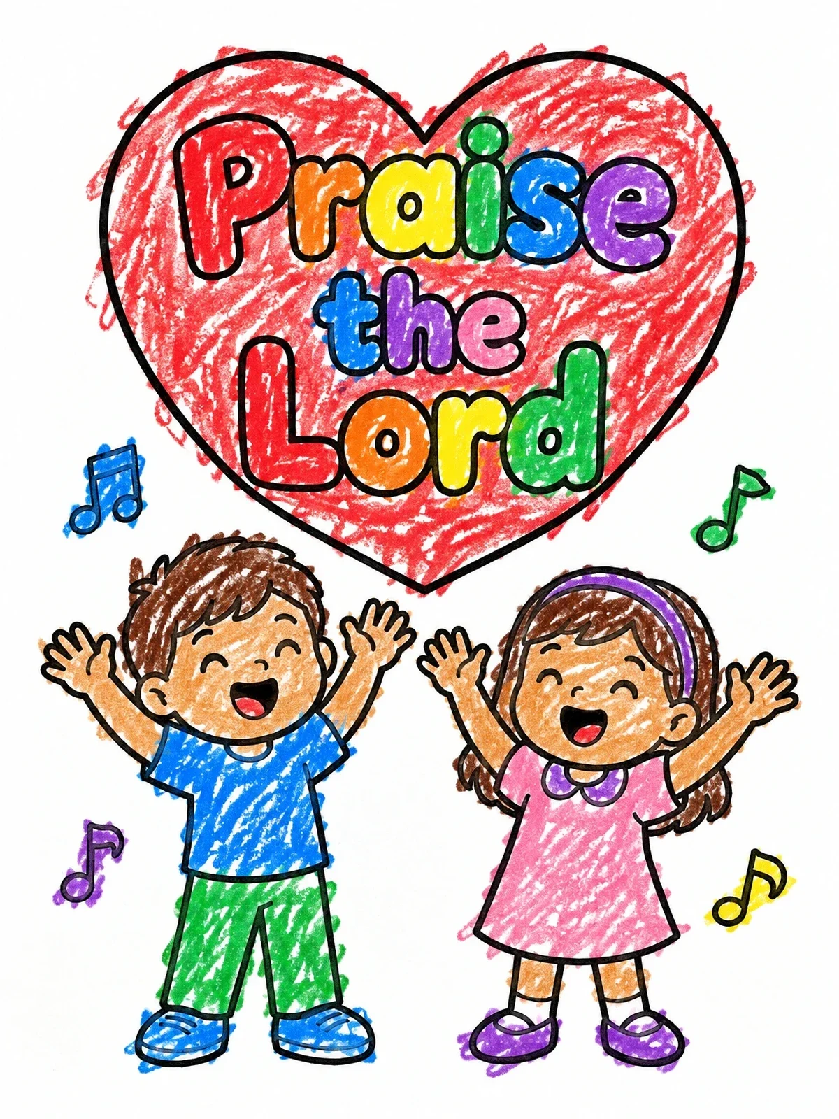 Colored example of the Children Singing Praise The Lord coloring page