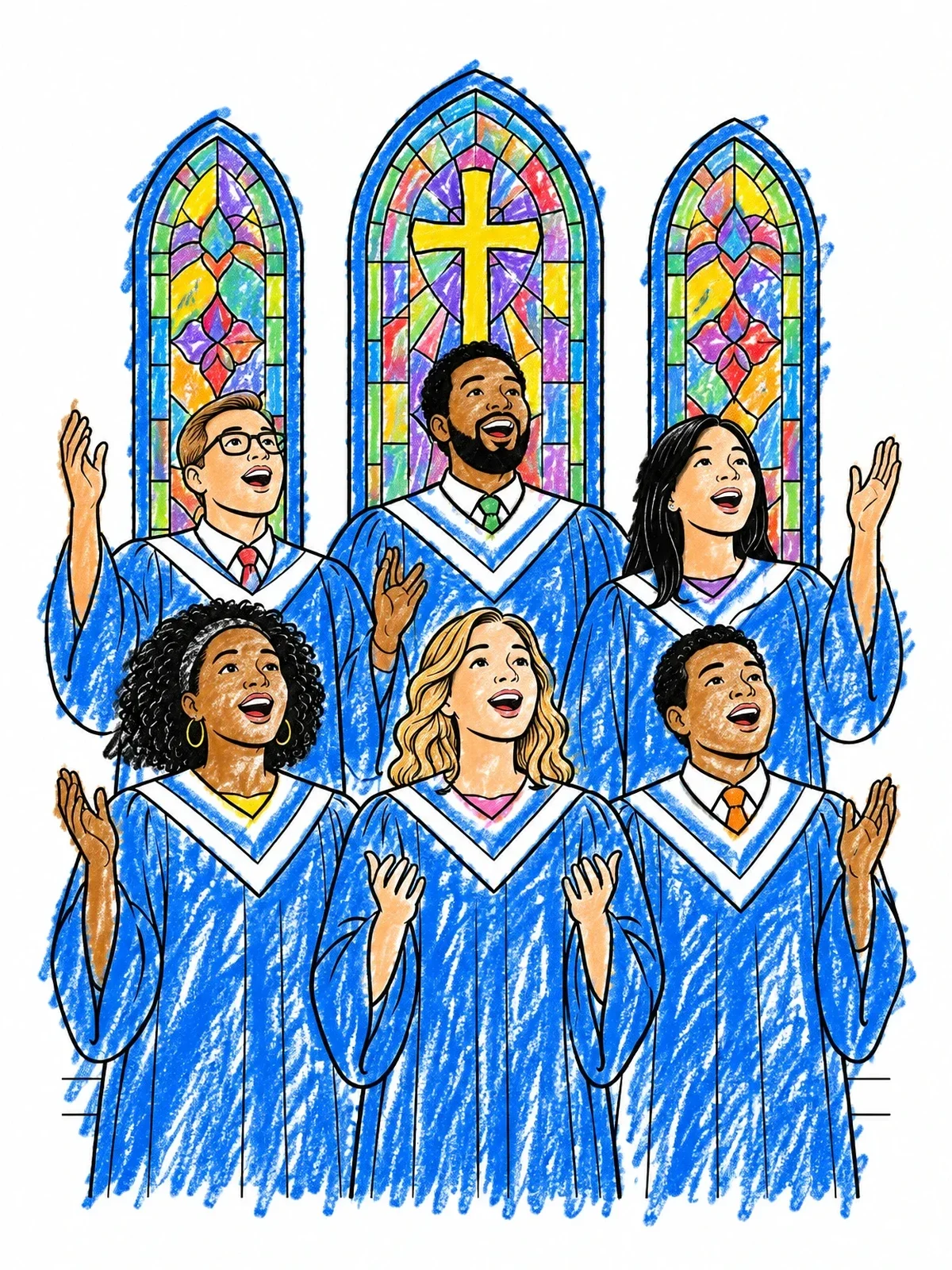 Colored example of the Choir Singing In Stained Glass Church coloring page