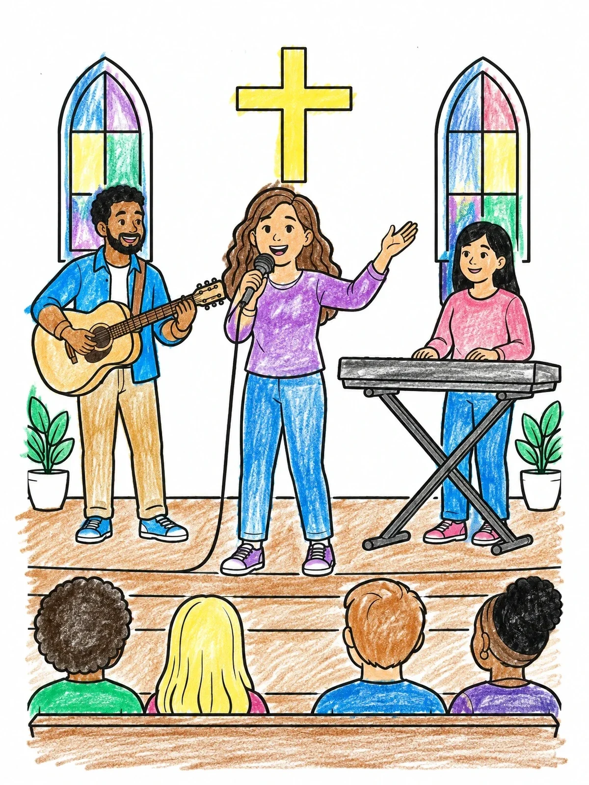 Colored example of the Church Praise Band On Stage coloring page