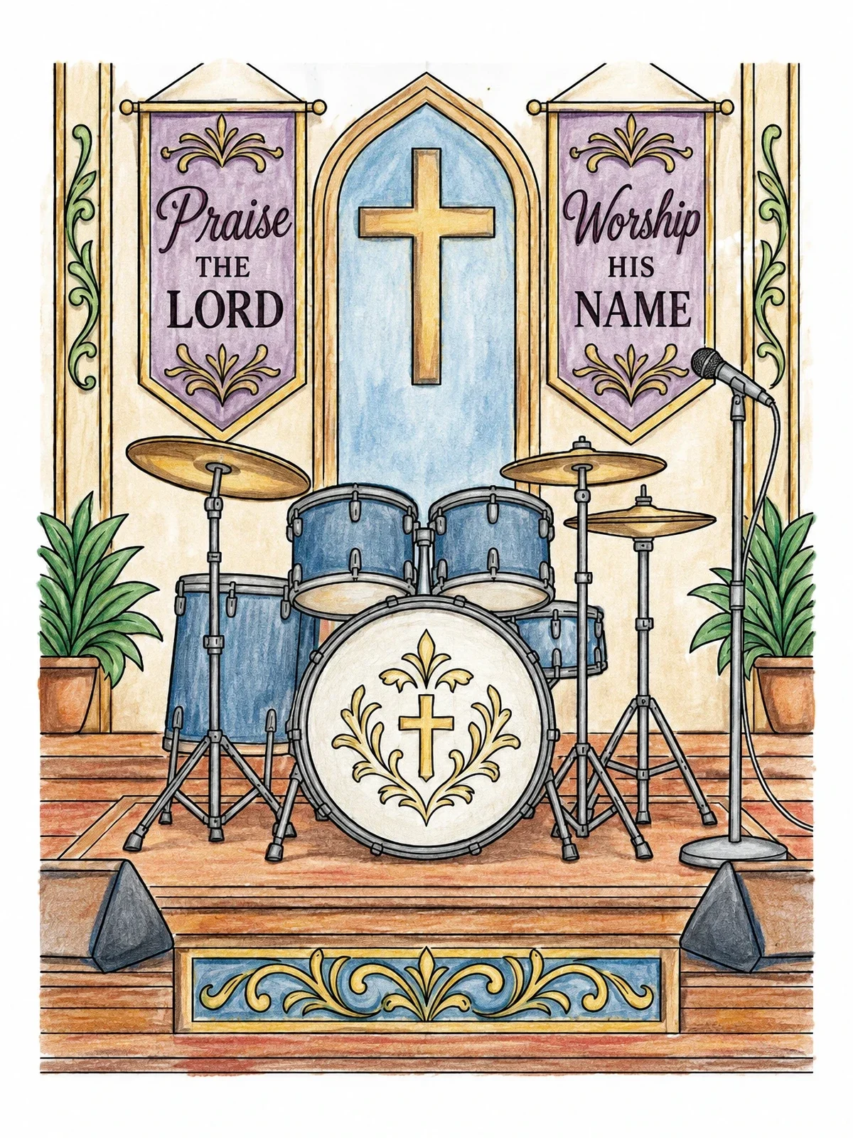 Colored example of the Church Stage Drums And Praise Banners coloring page