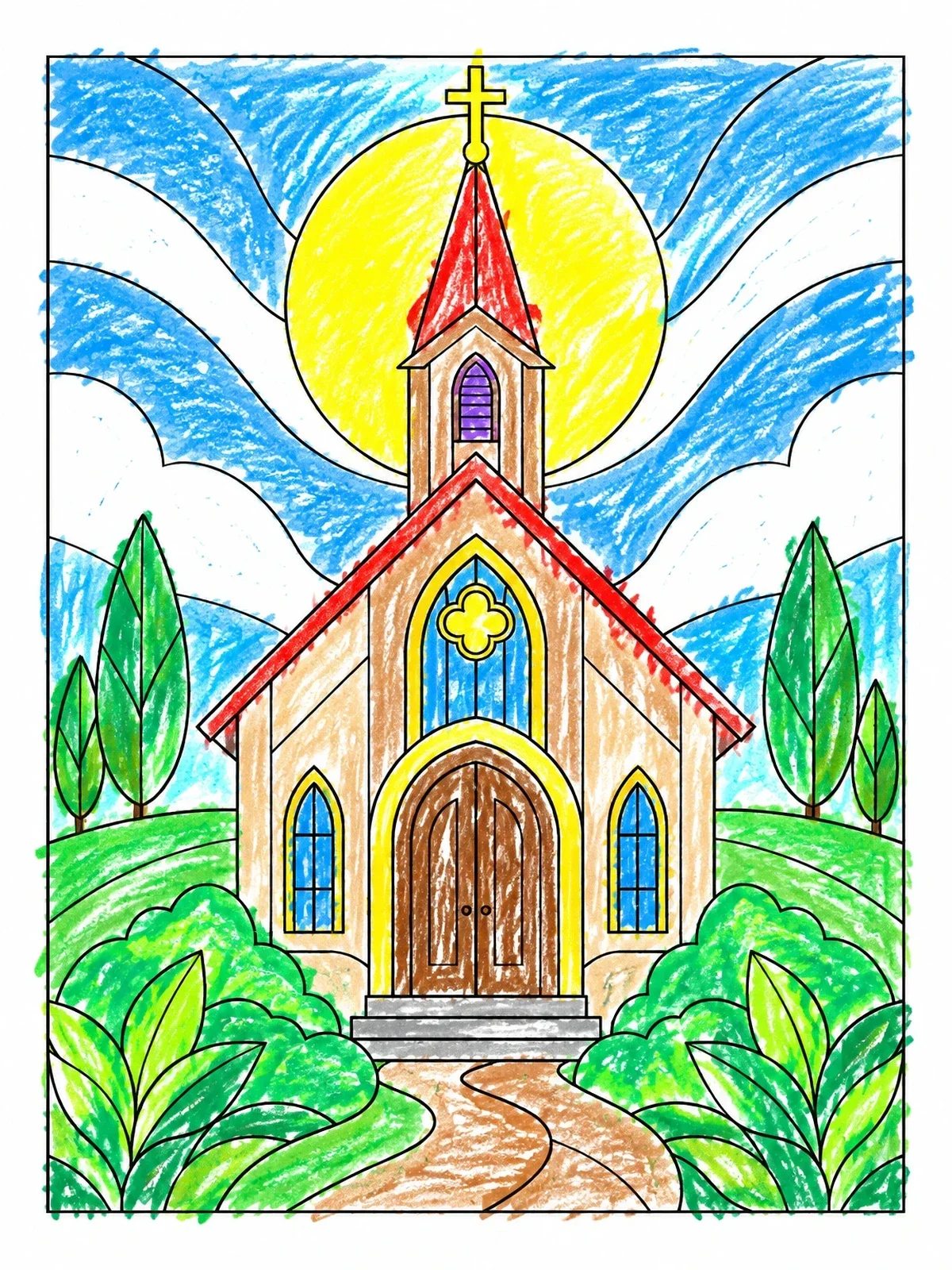 Colored example of the Country Chapel With Steeple coloring page