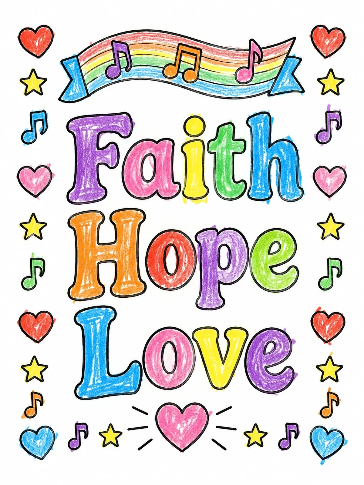 Colored example of the Faith Hope Love Music Banner coloring page