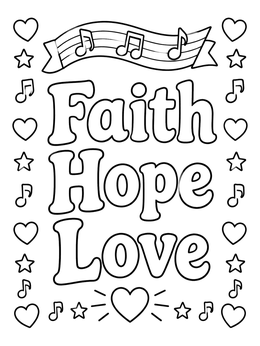 Free printable Faith Hope Love Music Banner coloring page