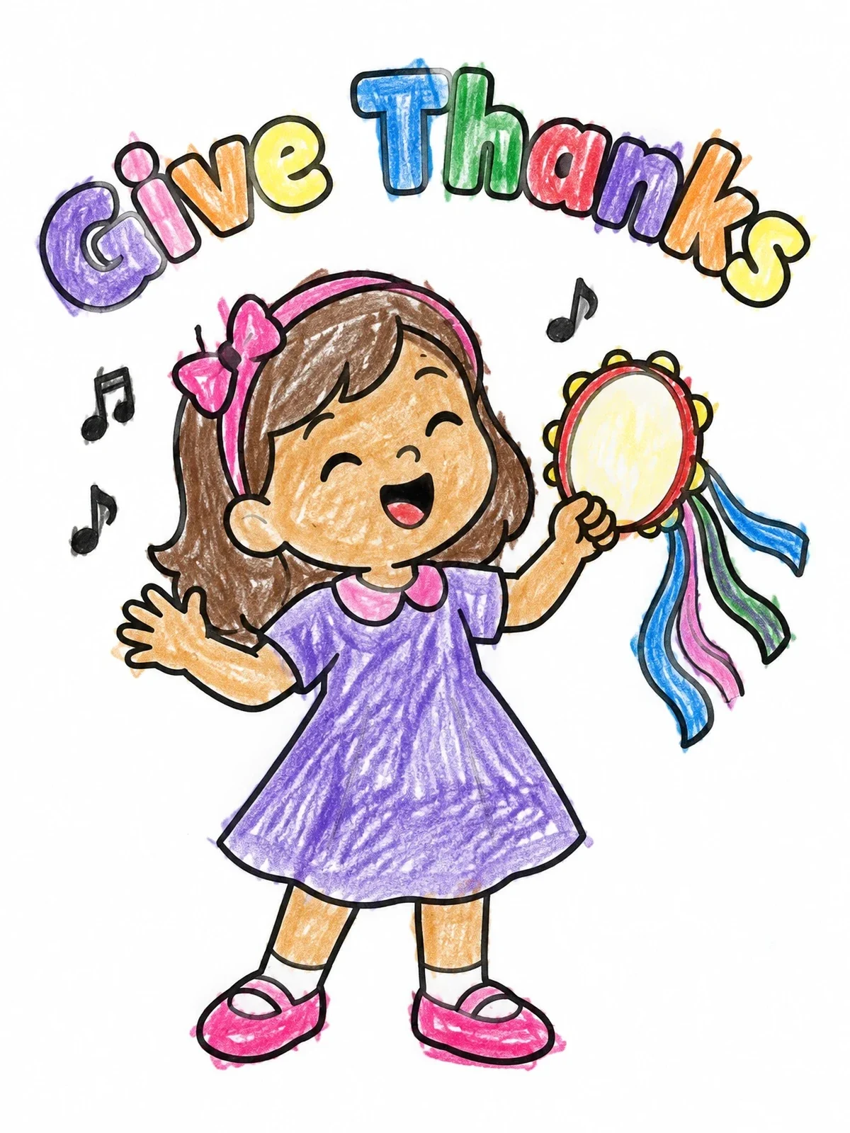 Colored example of the Happy Girl Praising With Tambourine coloring page