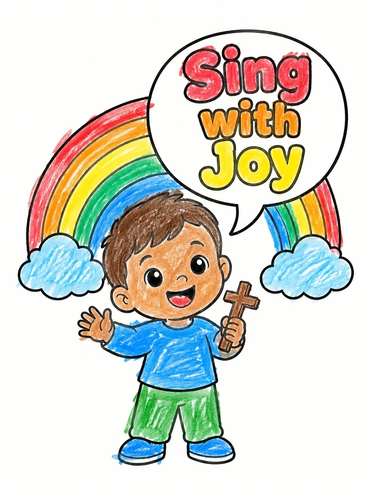 Colored example of the Happy Toddler Praising With Cross coloring page