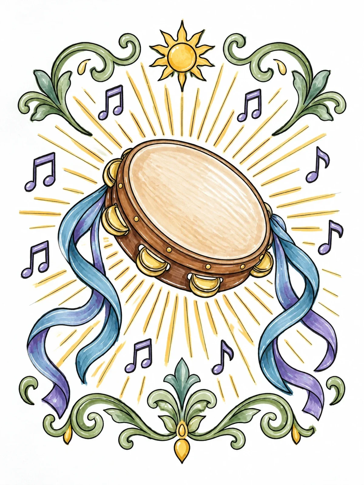 Colored example of the Praise Tambourine With Sunburst And Notes coloring page