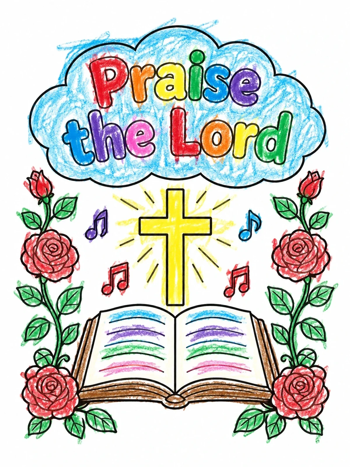 Colored example of the Praise The Lord Hymnal And Cross coloring page