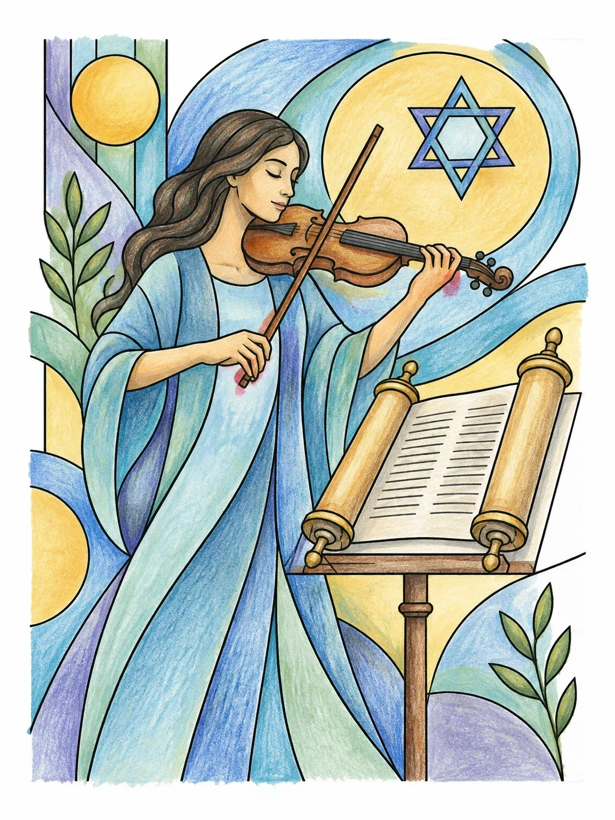 Colored example of the Violinist Playing By A Scripture Scroll coloring page