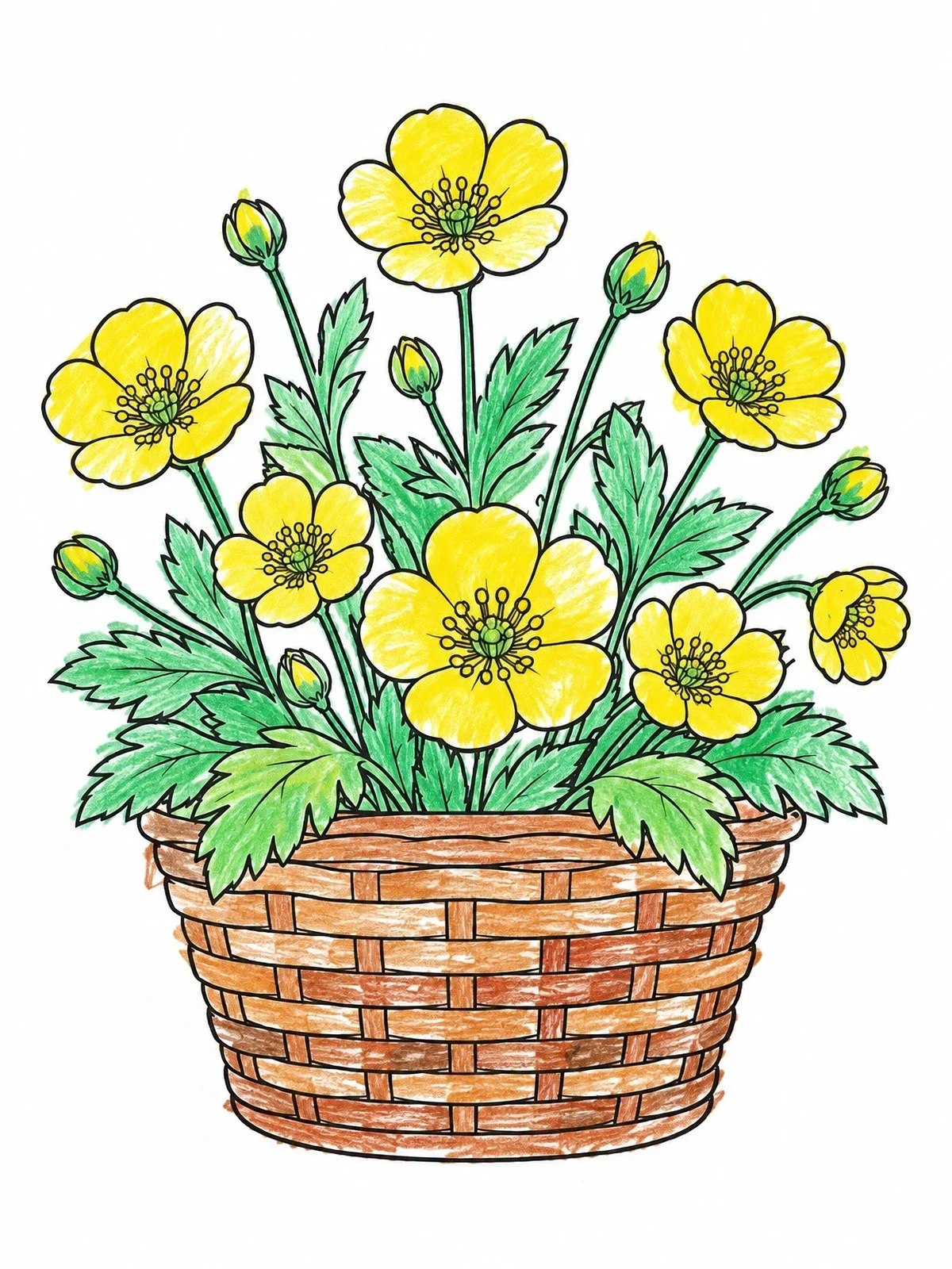 Colored example of the Woven Basket Of Buttercups coloring page
