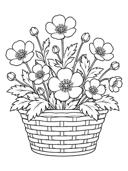 A buttercup flower coloring page featuring a woven basket filled with blooming buttercups and leaves.