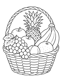 A detailed fruit basket coloring page filled with apples, grapes, bananas, and a pineapple.