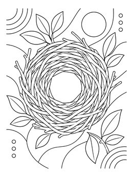 An intricate bird nest coloring page surrounded by botanical leaves and curved patterns.
