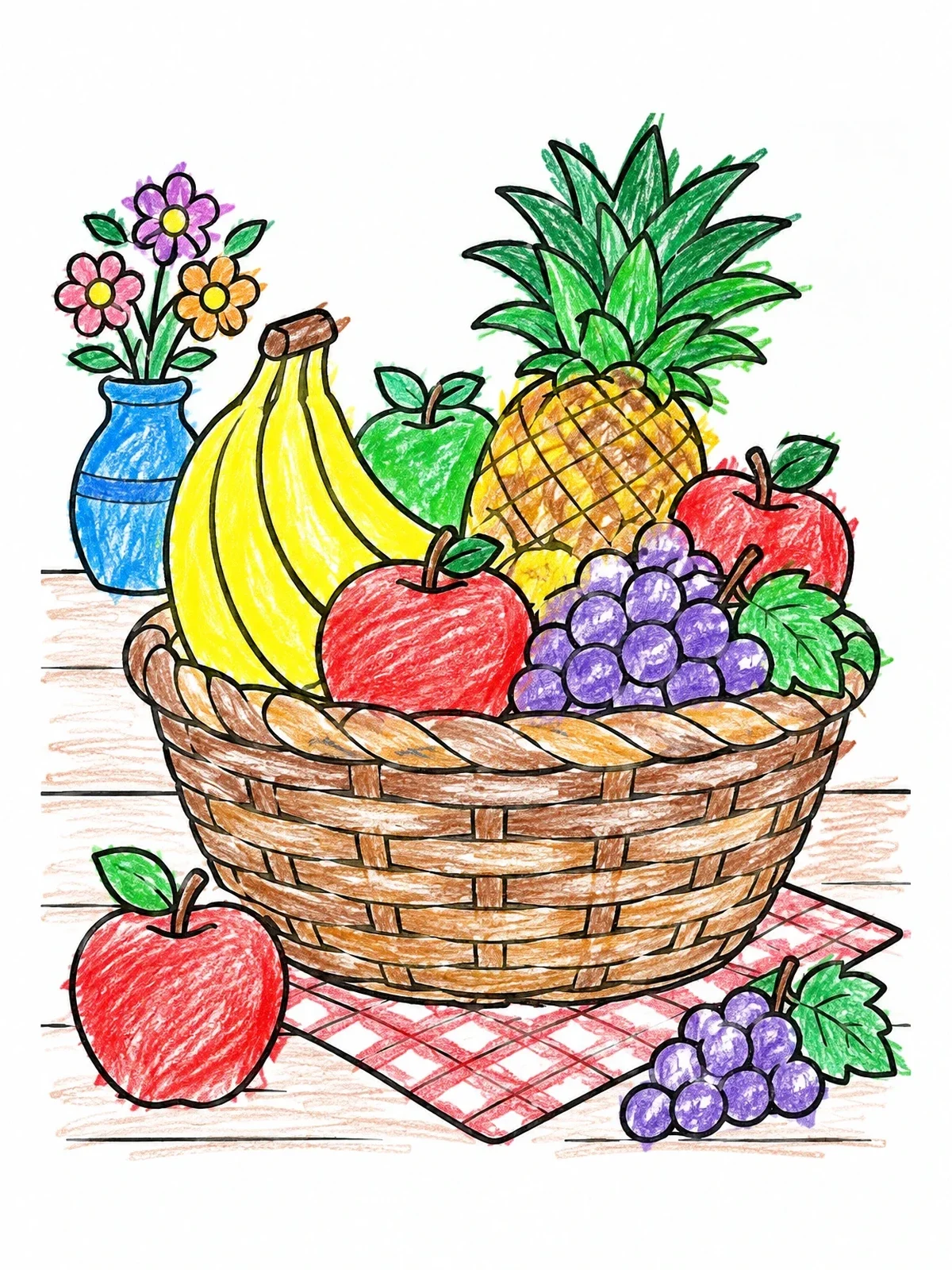 Colored example of the Woven Basket Full Of Fresh Fruits coloring page