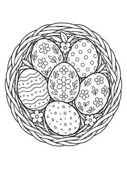 A top-down easter eggs coloring page showing decorated patterned eggs nestled inside a woven twig nest.