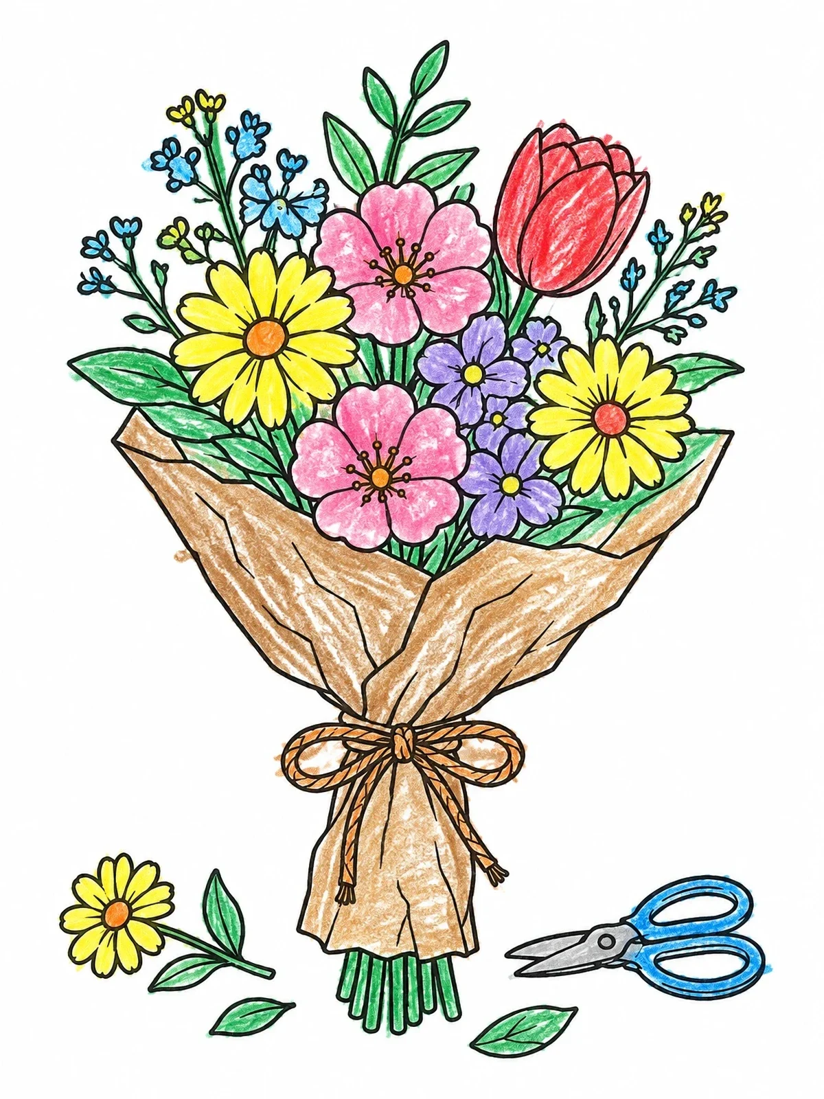 Colored example of the Wrapped Spring Flower Bouquet coloring page