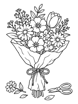 A lovely flower coloring page showing a wrapped bouquet with scissors and petals.