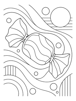 A sweet candy coloring page featuring wrapped confectionery with flowing abstract geometric backgrounds.