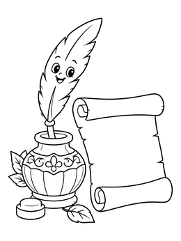 Free printable Cute Quill Pen With Inkwell And Scroll coloring page