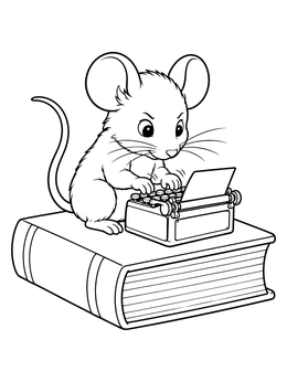 A determined little mouse sits on a book in this writer coloring page.