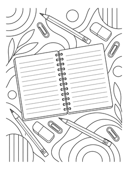 An open notebook surrounded by stationery on this writer coloring page with abstract patterns.