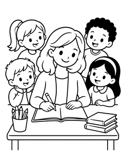 Free printable Teacher Writing With Happy Students coloring page