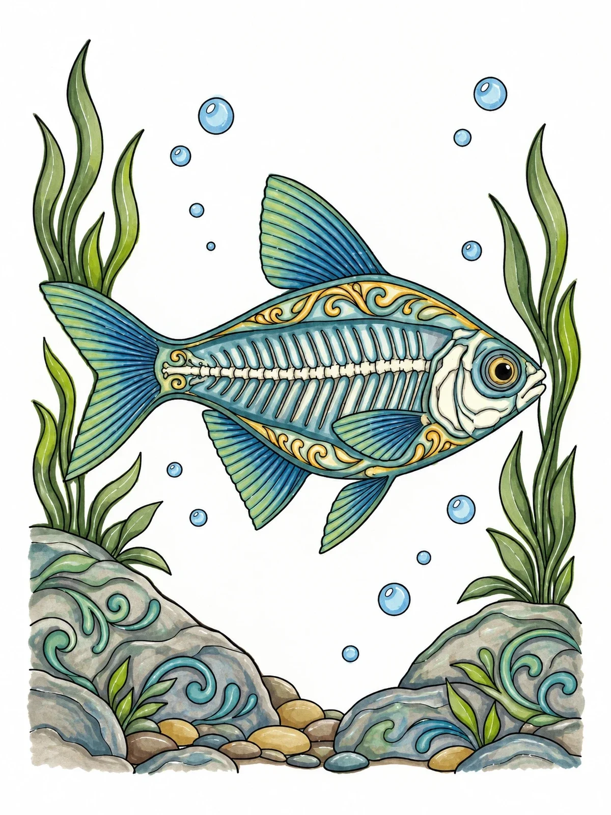 Colored example of the Detailed X Ray Fish Underwater coloring page