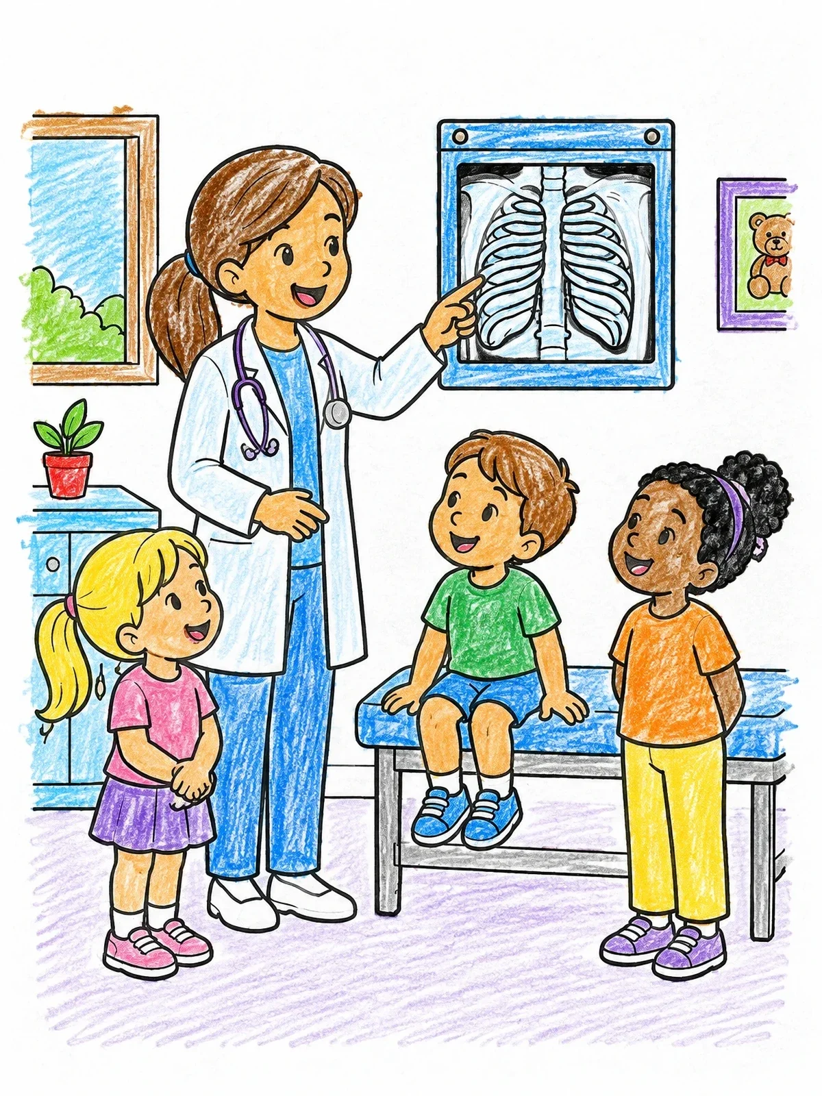 Colored example of the Doctor Showing Chest X Ray To Kids coloring page