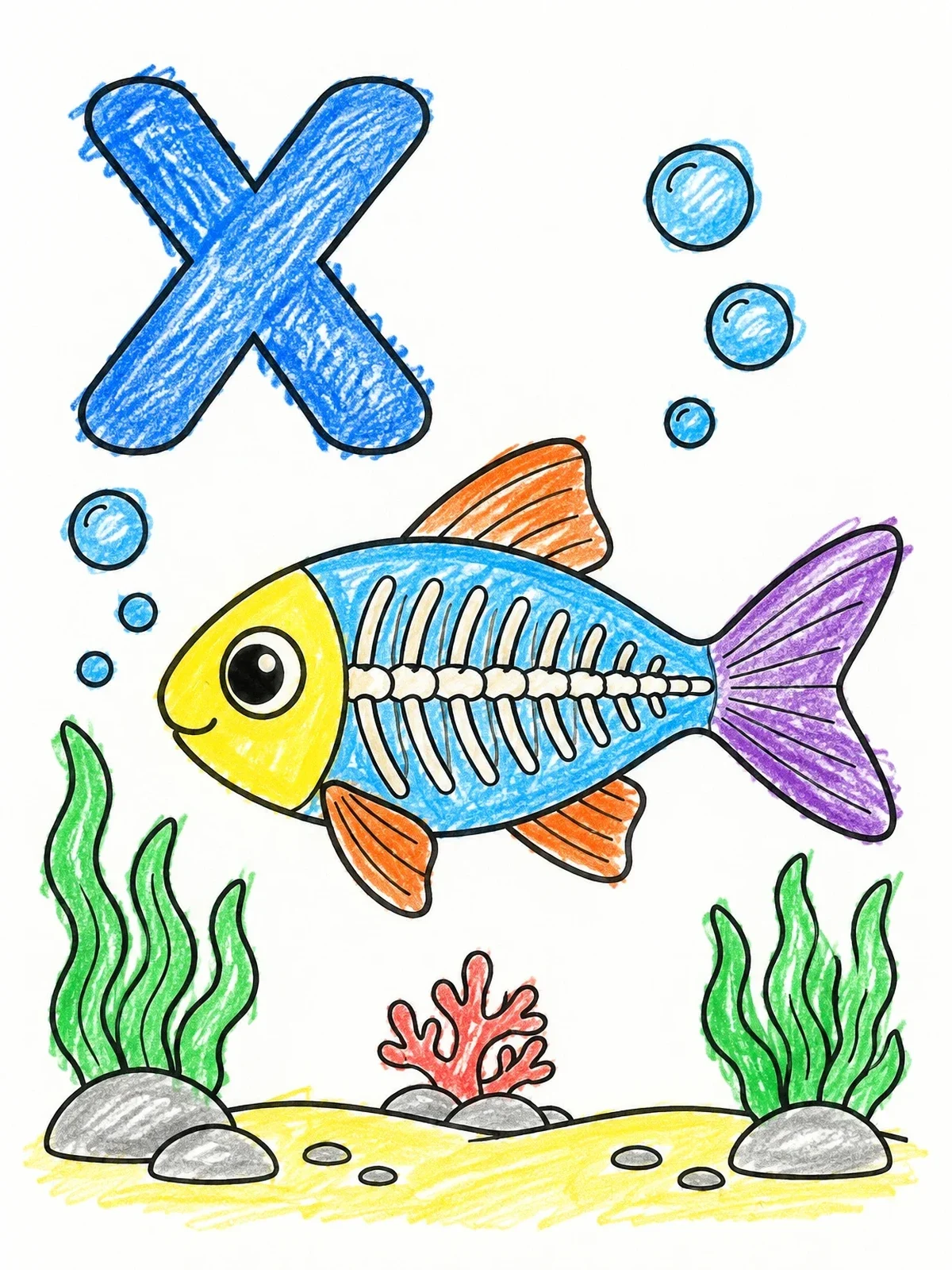 Colored example of the Letter X With Cartoon X Ray Fish coloring page