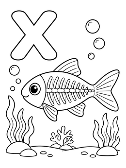 Free printable Letter X With Cartoon X Ray Fish coloring page