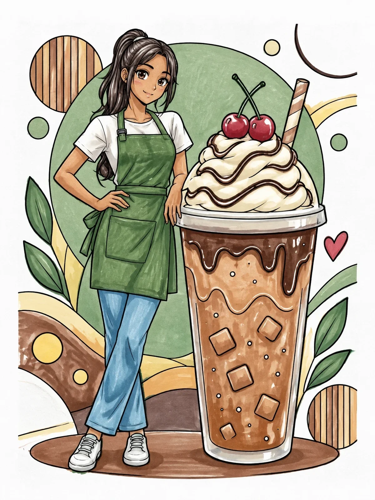 Colored example of the Anime Barista With Giant Frappe coloring page