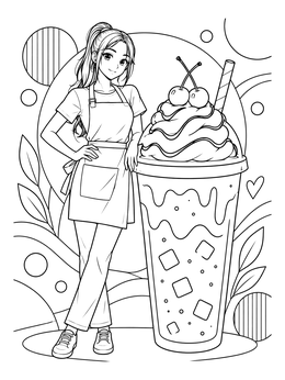 A smiling anime cafe barista stands beside a massive frappe on this yampuff food coloring page.