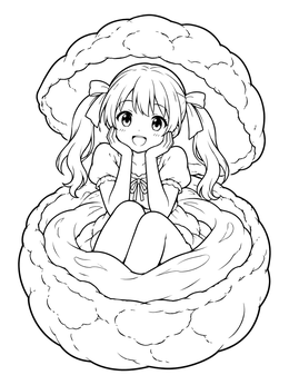 An anime girl sitting inside a pastry in this yampuff food coloring page.