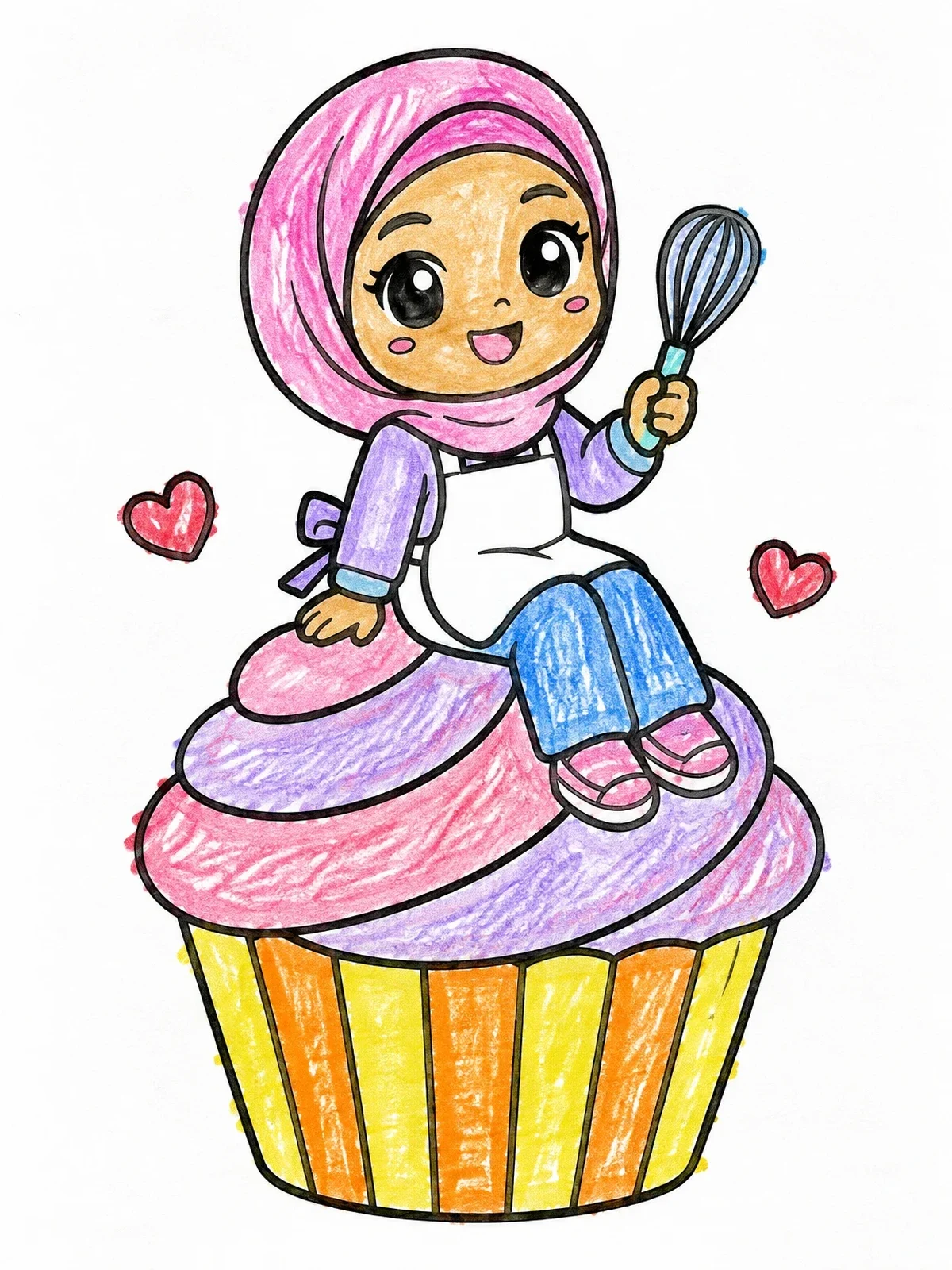 Colored example of the Chibi Baker On A Giant Cupcake coloring page