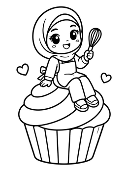 Sweet chibi baker sitting on frosting in this yampuff food coloring page.