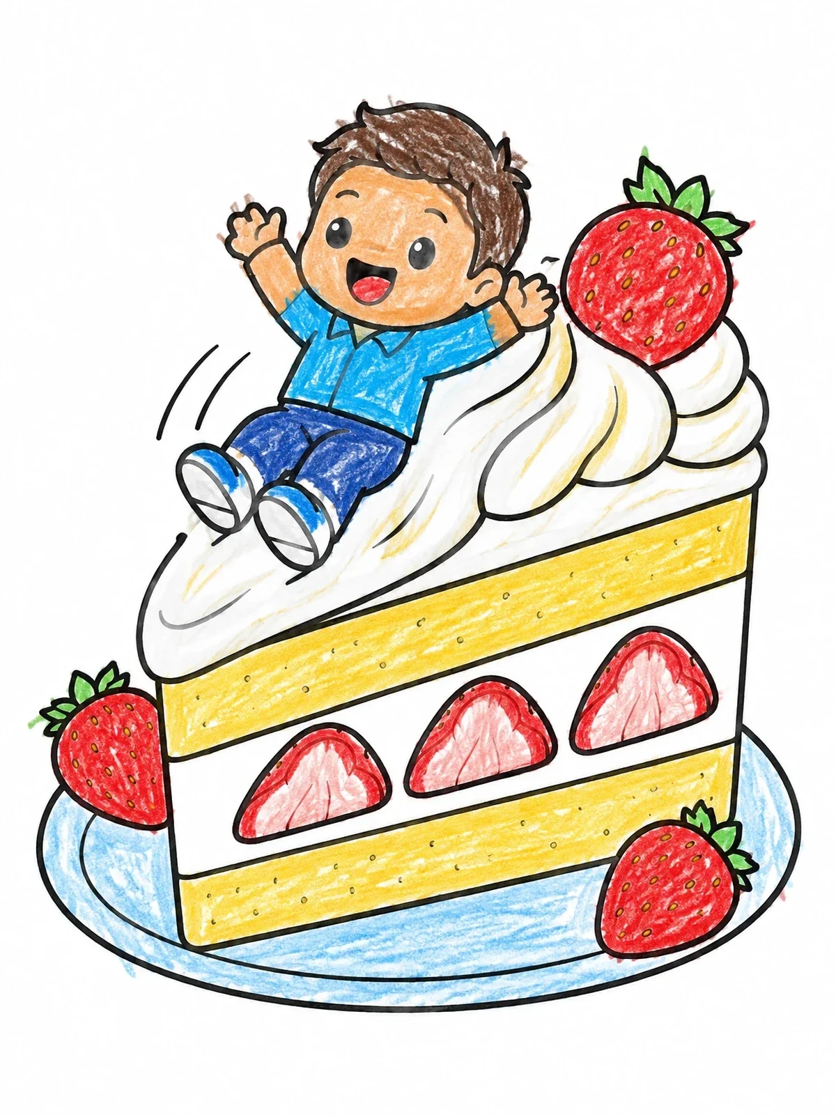 Colored example of the Chibi Boy Sliding Down Cake coloring page