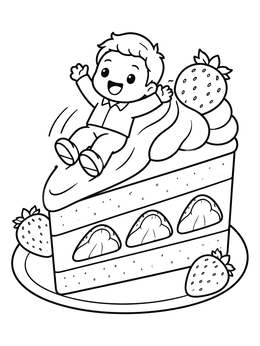 A happy chibi kid slides on cake in this yampuff food coloring page.