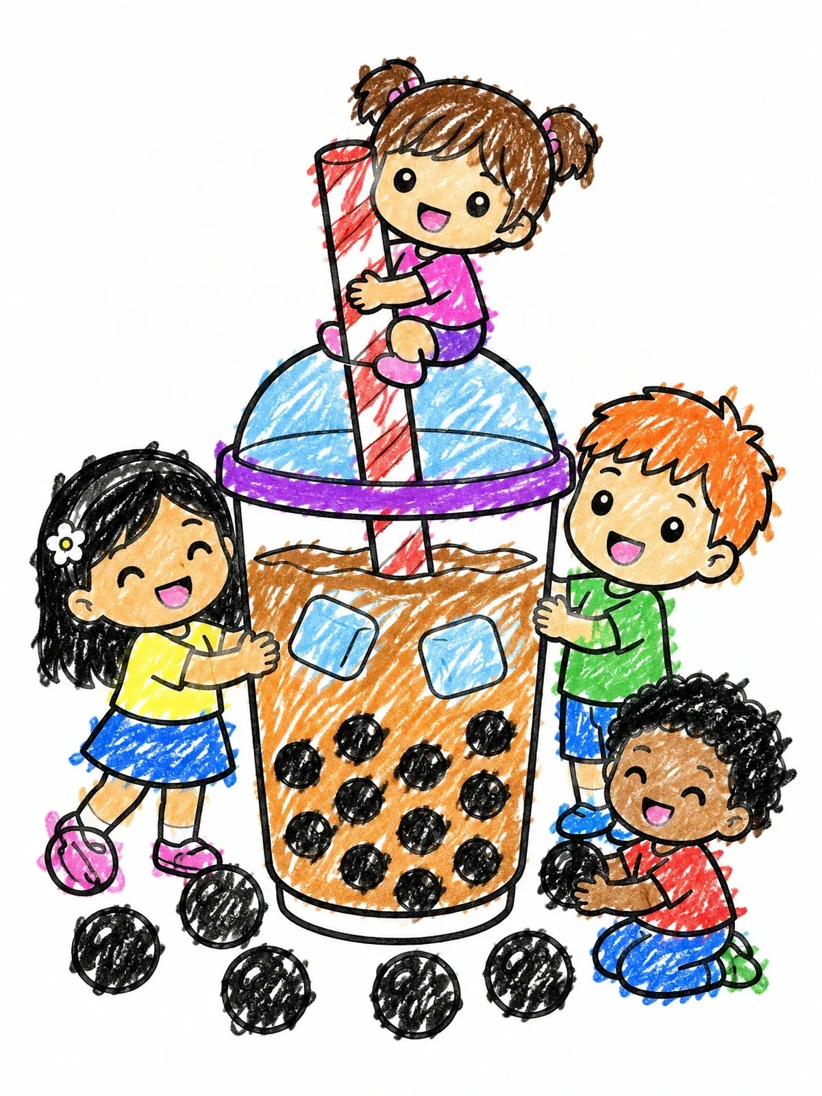 Colored example of the Cute Chibi Friends And Giant Boba coloring page