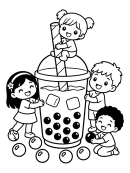 A sweet yampuff food coloring page with chibi kids playing around a giant bubble tea cup.