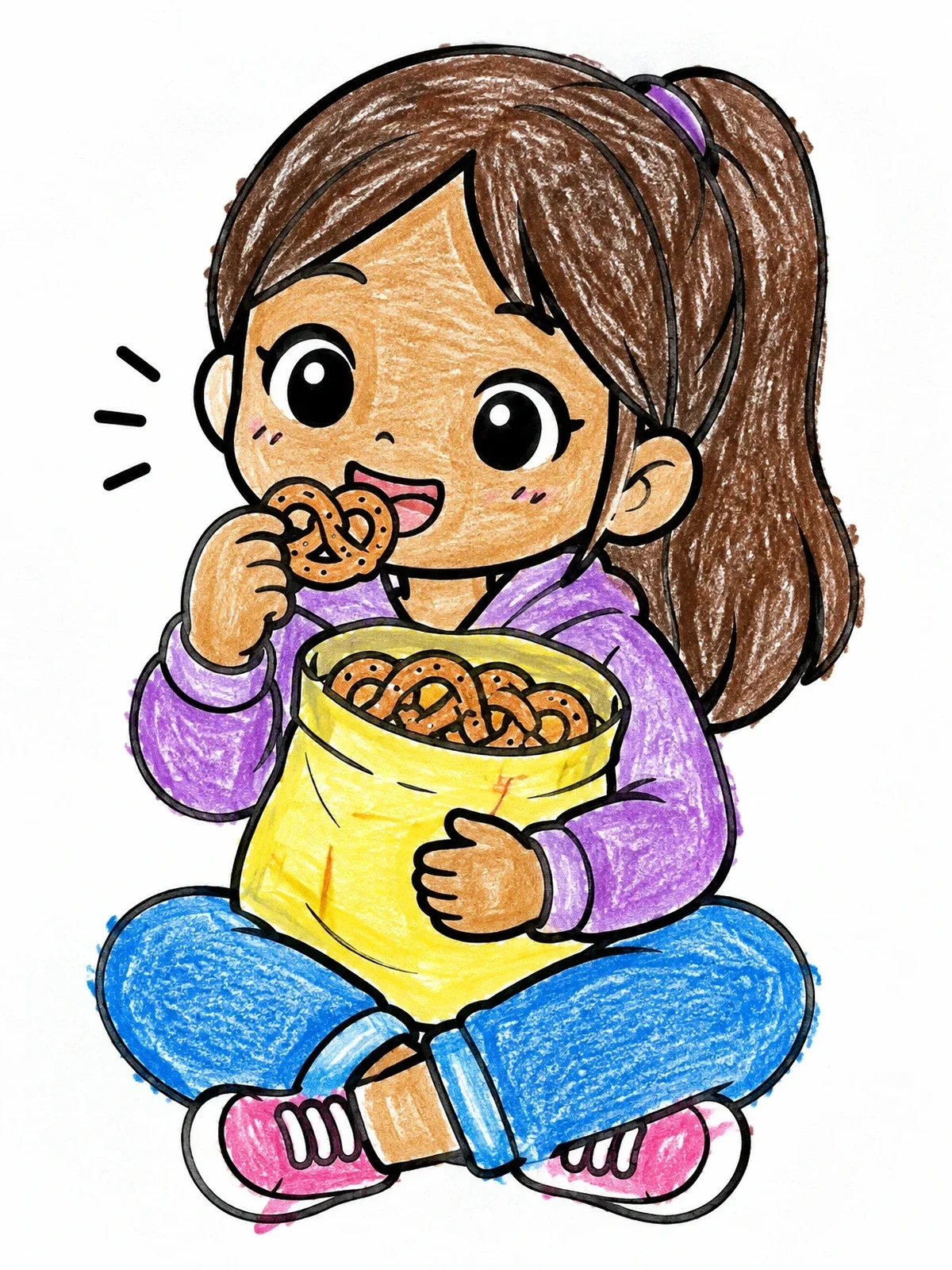 Colored example of the Chibi Girl Eating Pretzels coloring page